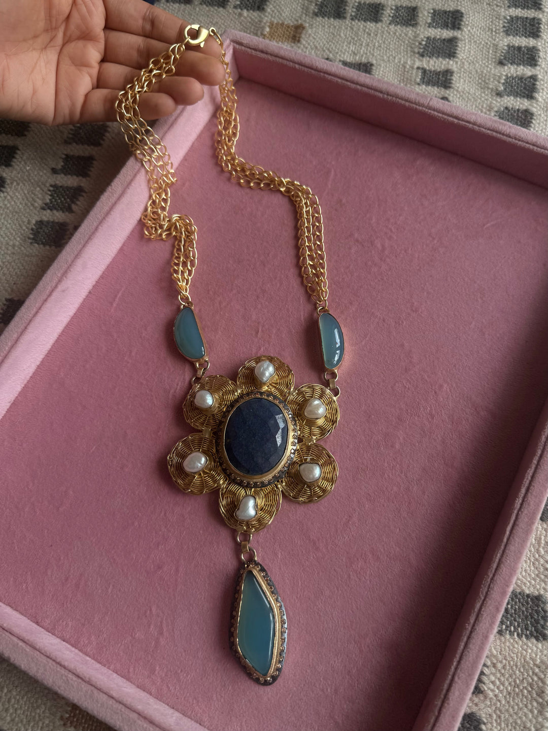 Handmade Pearl & Chalcedony Statement Necklace | Brass Adjustable Lobster Claw Jewelry
