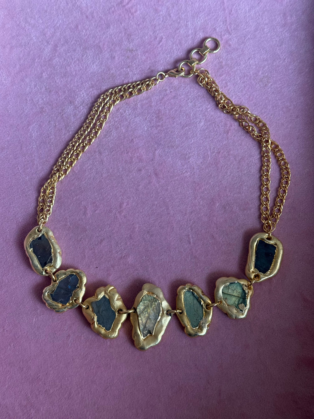 Handmade Raw Labradorite Gold Embedded Necklace | Adjustable Lobster Claw Brass Statement Jewelry
