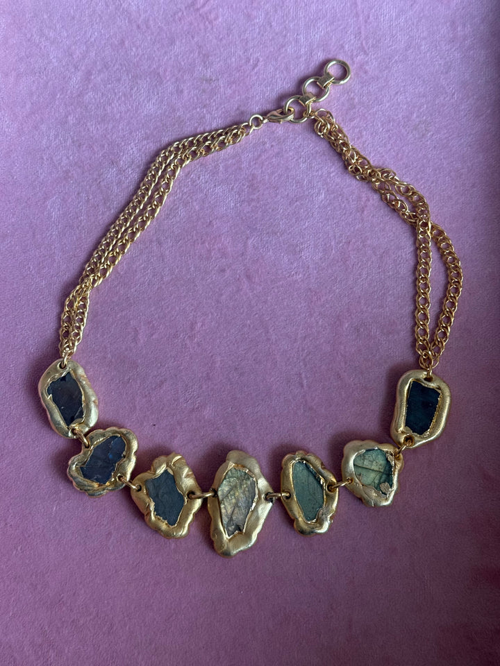 Handmade Raw Labradorite Gold Embedded Necklace | Adjustable Lobster Claw Brass Statement Jewelry