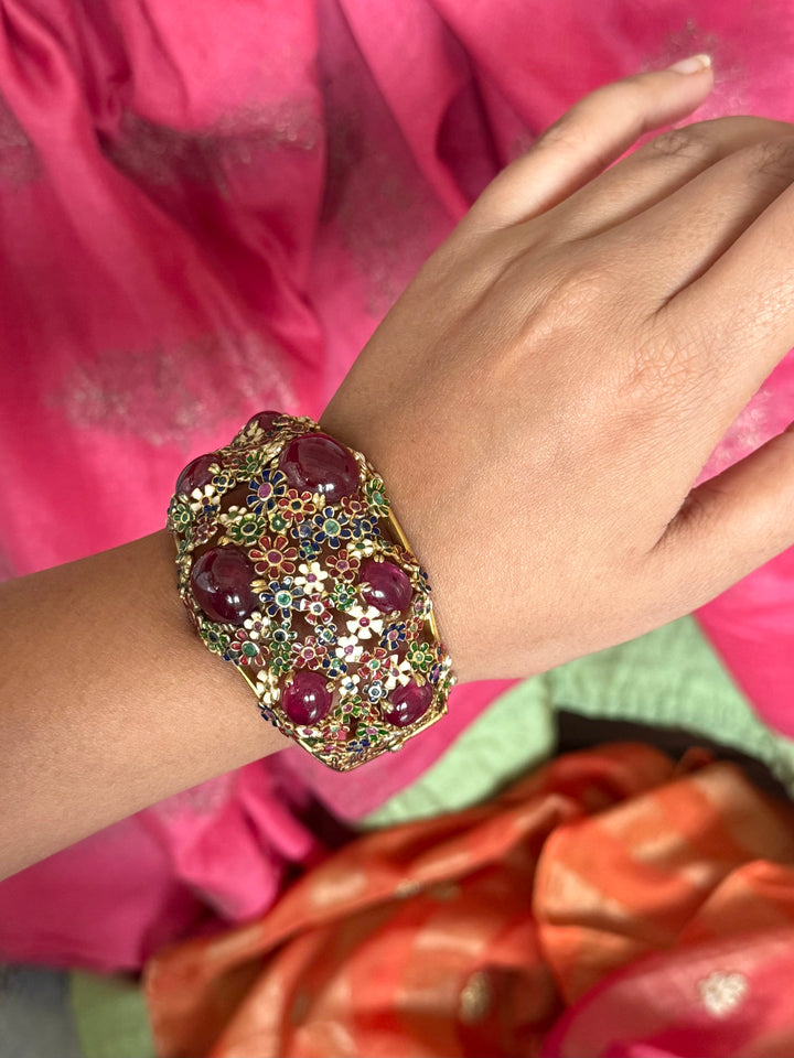 925 Silver Meenakari Ruby Kada by SHIVKA, Gold Plated Bikaner Artisanal Floral Openable Bangle