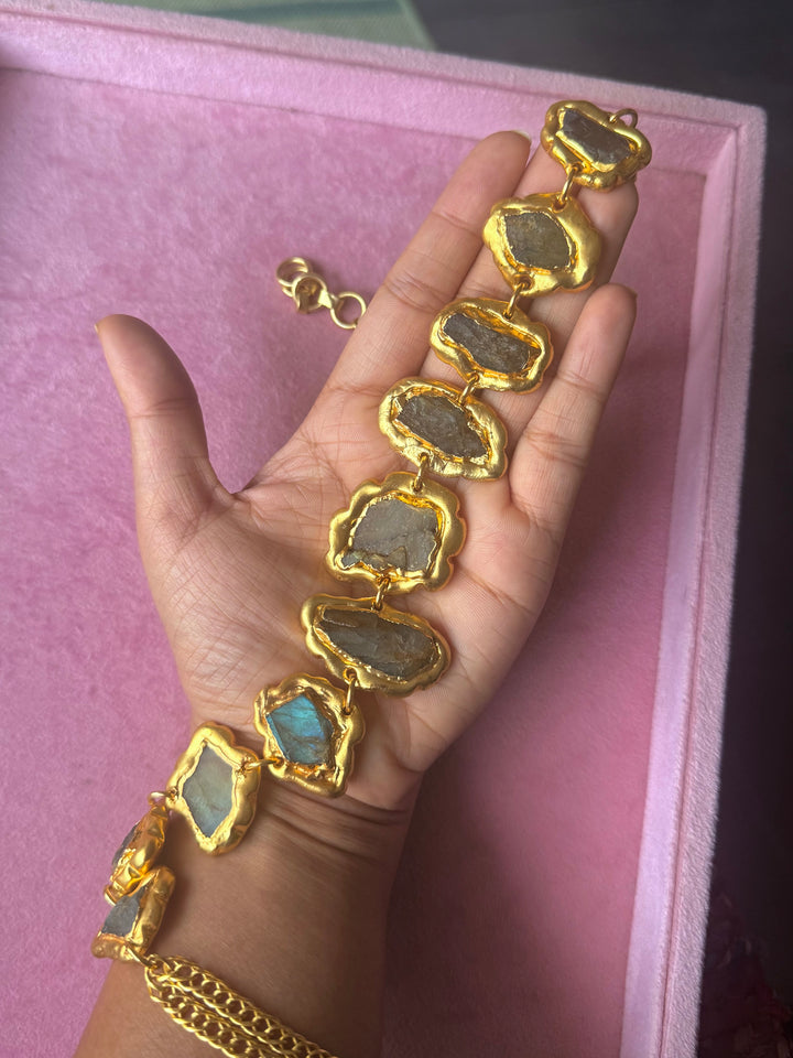 Handmade Raw Labradorite Gold Embedded Necklace | Adjustable Lobster Claw Brass Statement Jewelry