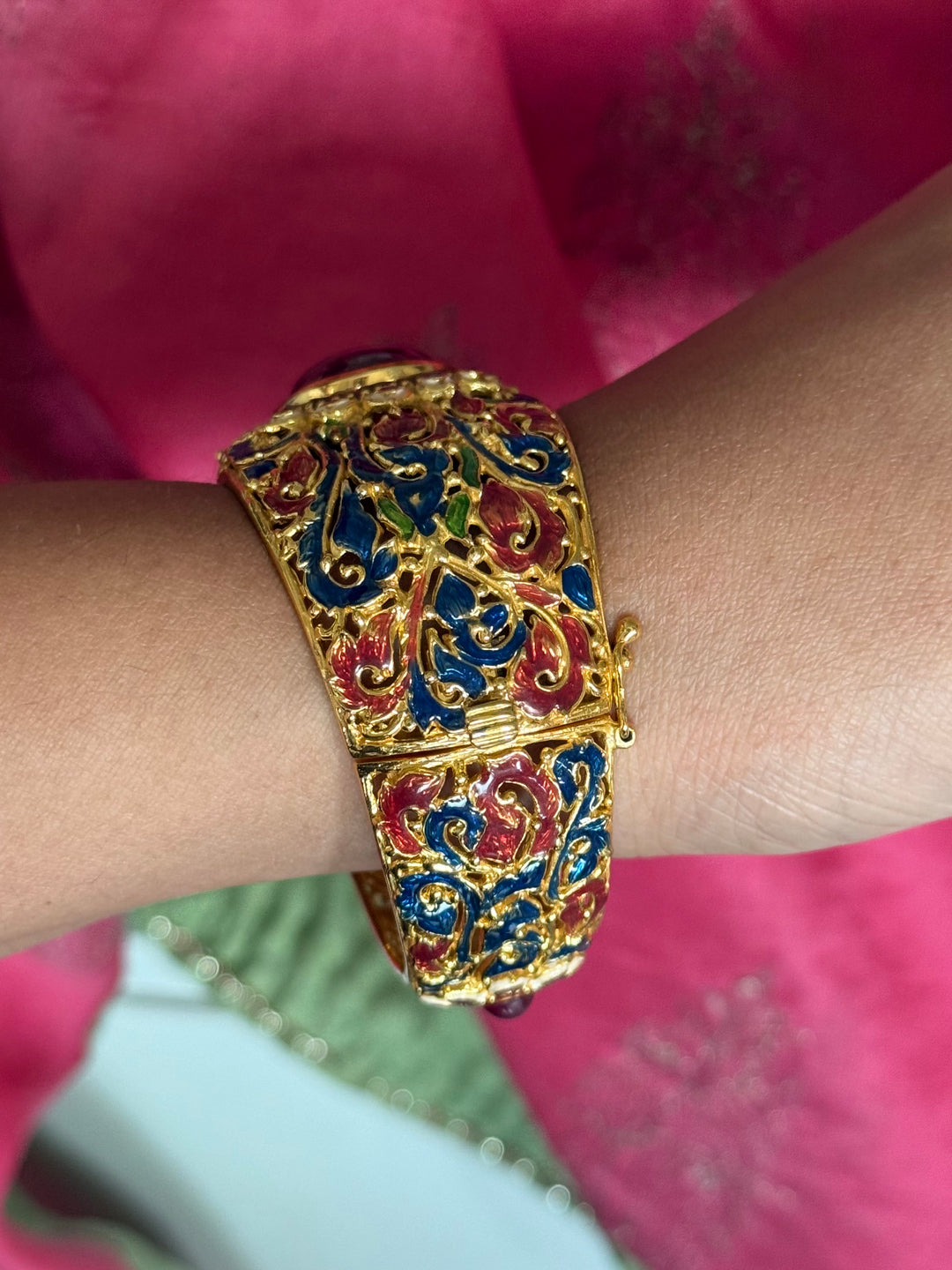 925 Silver Natural Ruby Oval Stone Kada by SHIVKA, Gold Plated Bikaner Artisanal Enamel Bangle