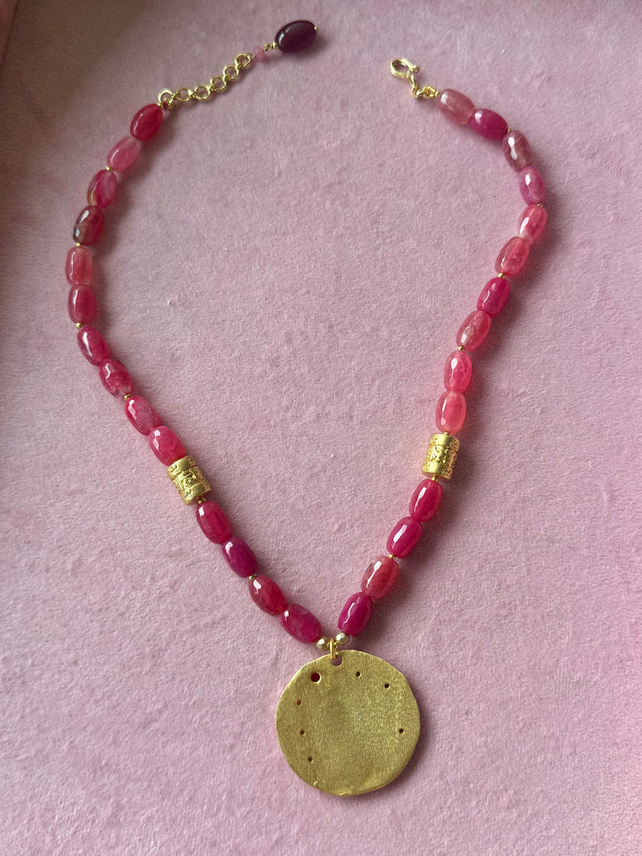 Handmade Leo Pendant Necklace with Natural Aventurine | Gold Polish Brass Short Statement Necklace