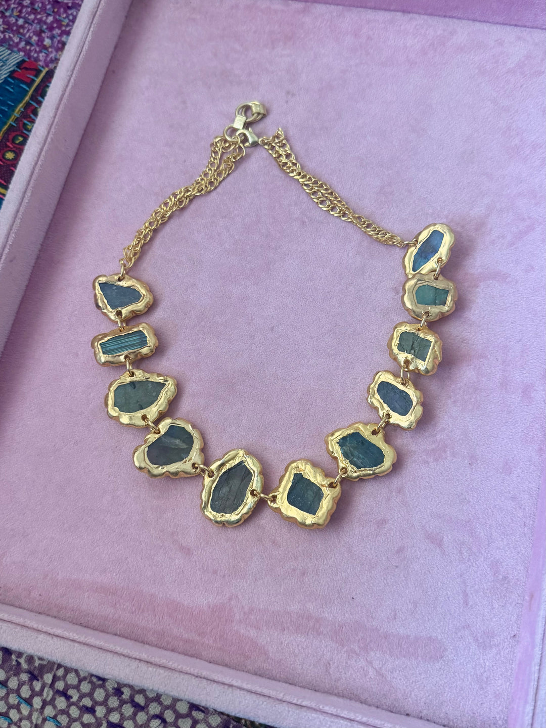 Handmade Natural Stones Gold Embedded Necklace | Adjustable Lobster Claw Brass Statement Jewelry