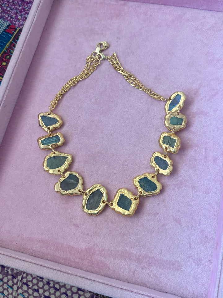 Handmade Natural Stones Gold Embedded Necklace | Adjustable Lobster Claw Brass Statement Jewelry