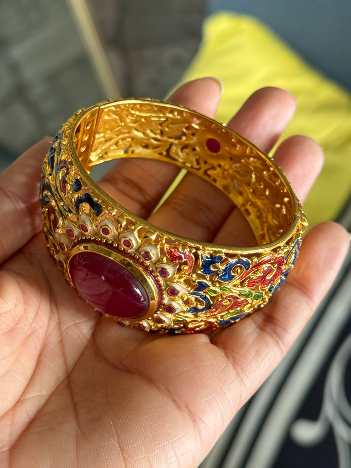 925 Silver Natural Ruby Oval Stone Kada by SHIVKA, Gold Plated Bikaner Artisanal Enamel Bangle