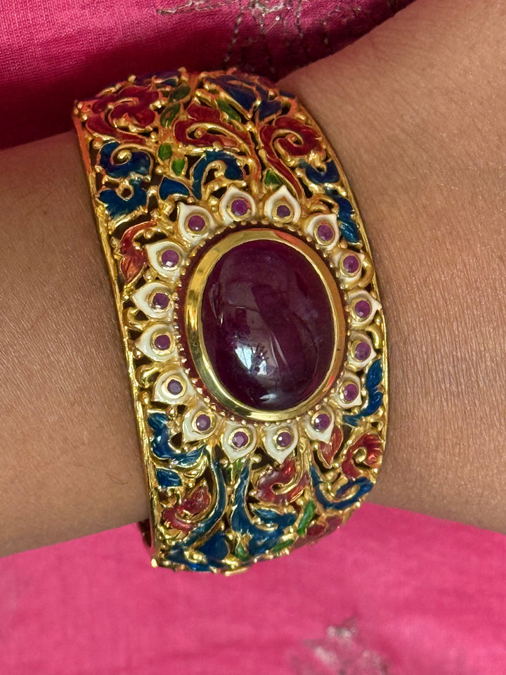 925 Silver Natural Ruby Oval Stone Kada by SHIVKA, Gold Plated Bikaner Artisanal Enamel Bangle