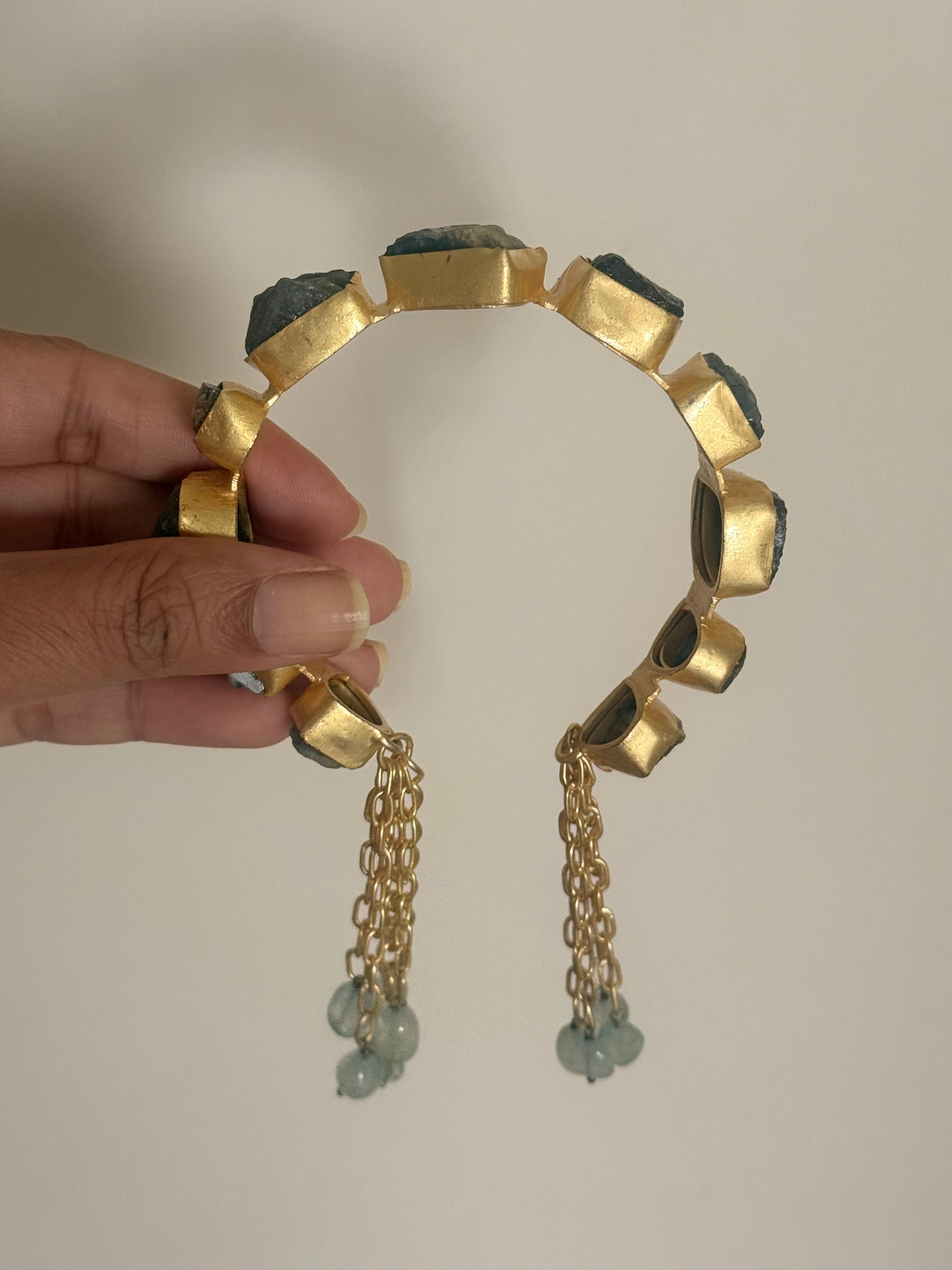 SHIVKA Designer Brass Tassel Cuff | Raw Druzy Chalcedony Stones | Gold Polish | 72g
