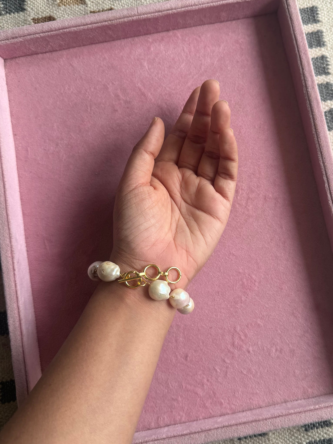 Handmade Baroque Pearl Statement Bracelet | Gold Polish Brass Toggle Clasp Jewelry
