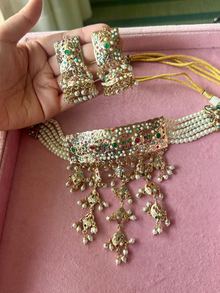 Handmade Jadau Choker Necklace Set 18K Gold Plated | SHIVKA