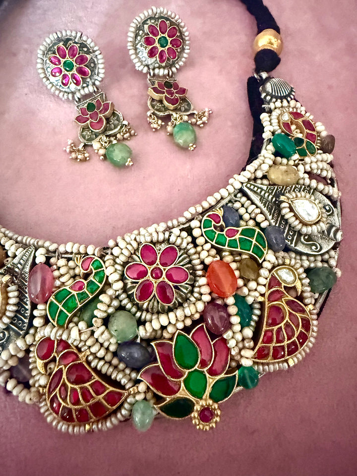 Handmade 925 Silver Nakhra Gemstone Necklace Set | SHIVKA