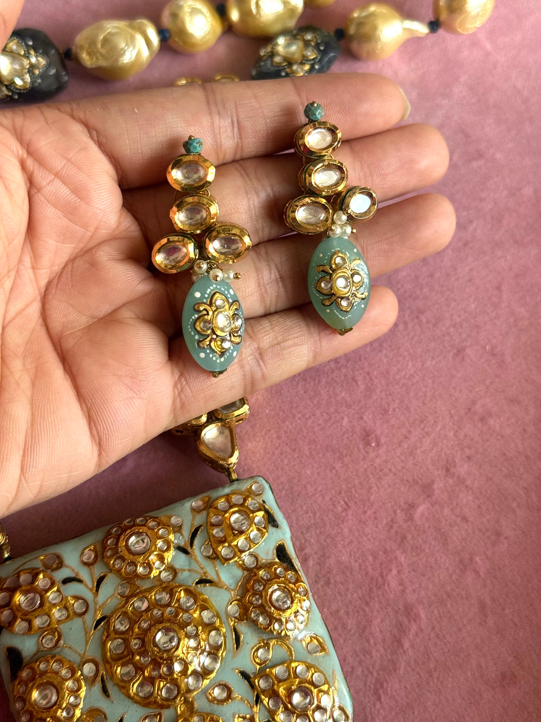 Handmade Kundan Meenakari Necklace & Earrings: Baroque Pearl, Amazonite