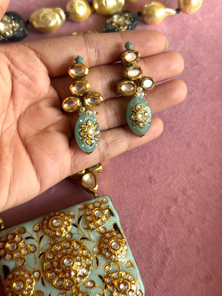 Handmade Kundan Meenakari Necklace & Earrings: Baroque Pearl, Amazonite