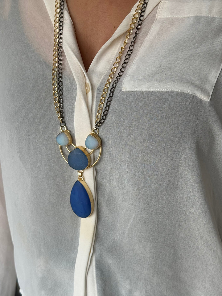 Handmade Long Lapis Lazuli Raw Stone Necklace | Dual Tone Gold Polish Brass Statement Jewelry