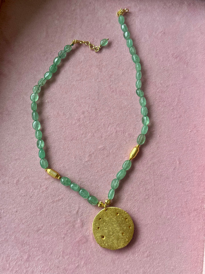 Handmade Aquarius Pendant Necklace with Natural Aventurine | Gold Polish Brass Zodiac Jewelry