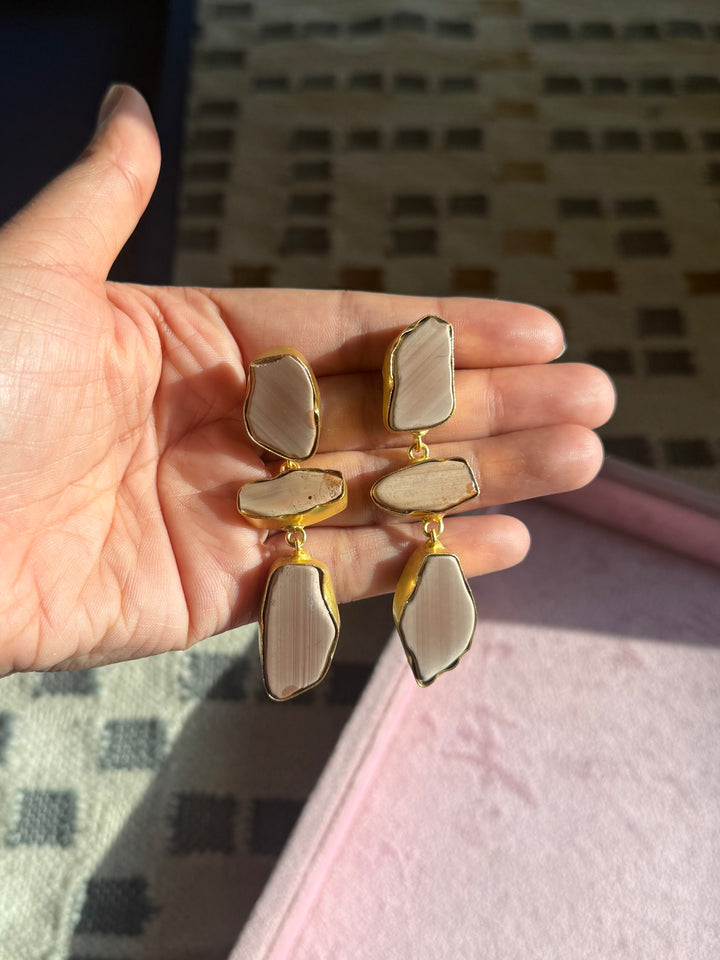 Handmade Raw Stone 3 Tier Earrings | Gold Polish Brass Push Back Statement Earrings