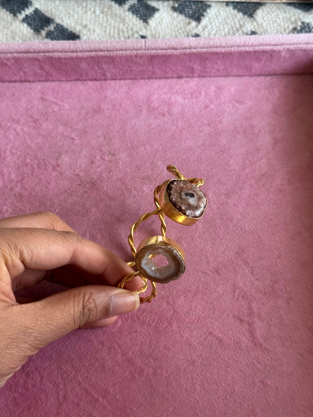 Raw Stone Cuff Bracelet, Gold Polish Brass, Adjustable