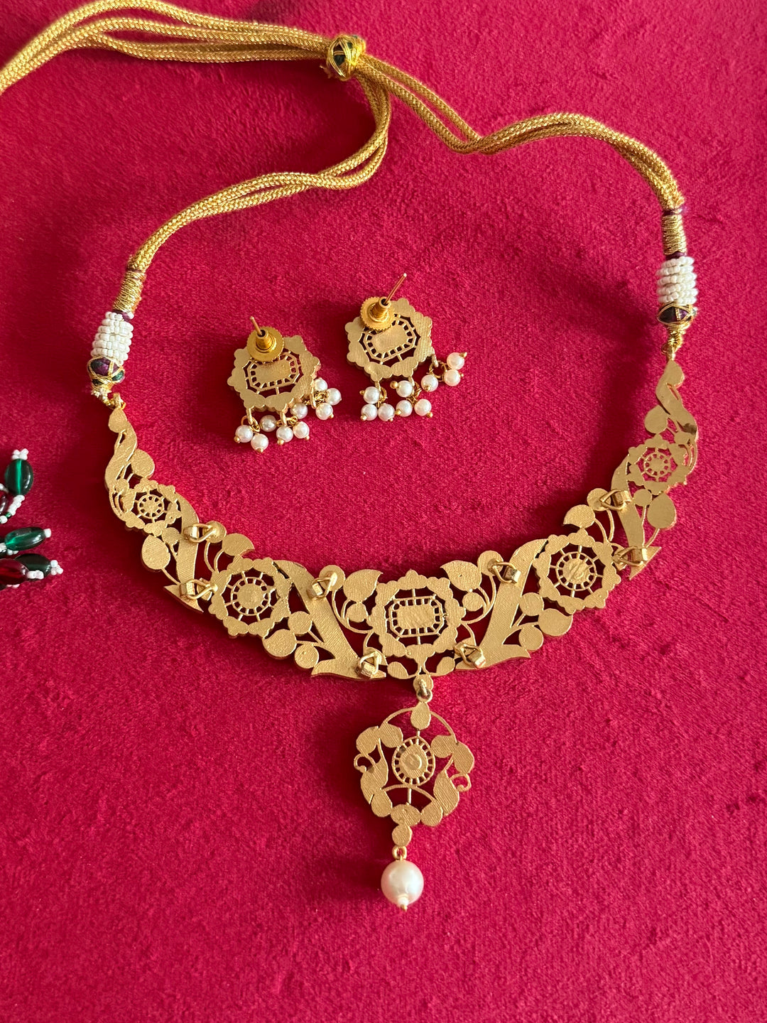 Handmade Jadau Turquoise Necklace Set | Brass Gold Polish | SHIVKA