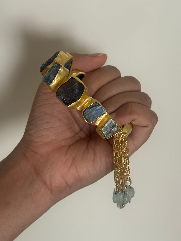 SHIVKA Designer Brass Tassel Cuff | Raw Druzy Chalcedony Stones | Gold Polish | 72g