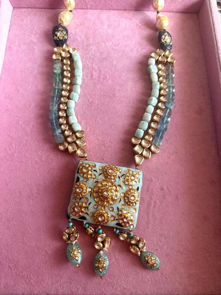 Handmade Kundan Meenakari Necklace & Earrings: Baroque Pearl, Amazonite