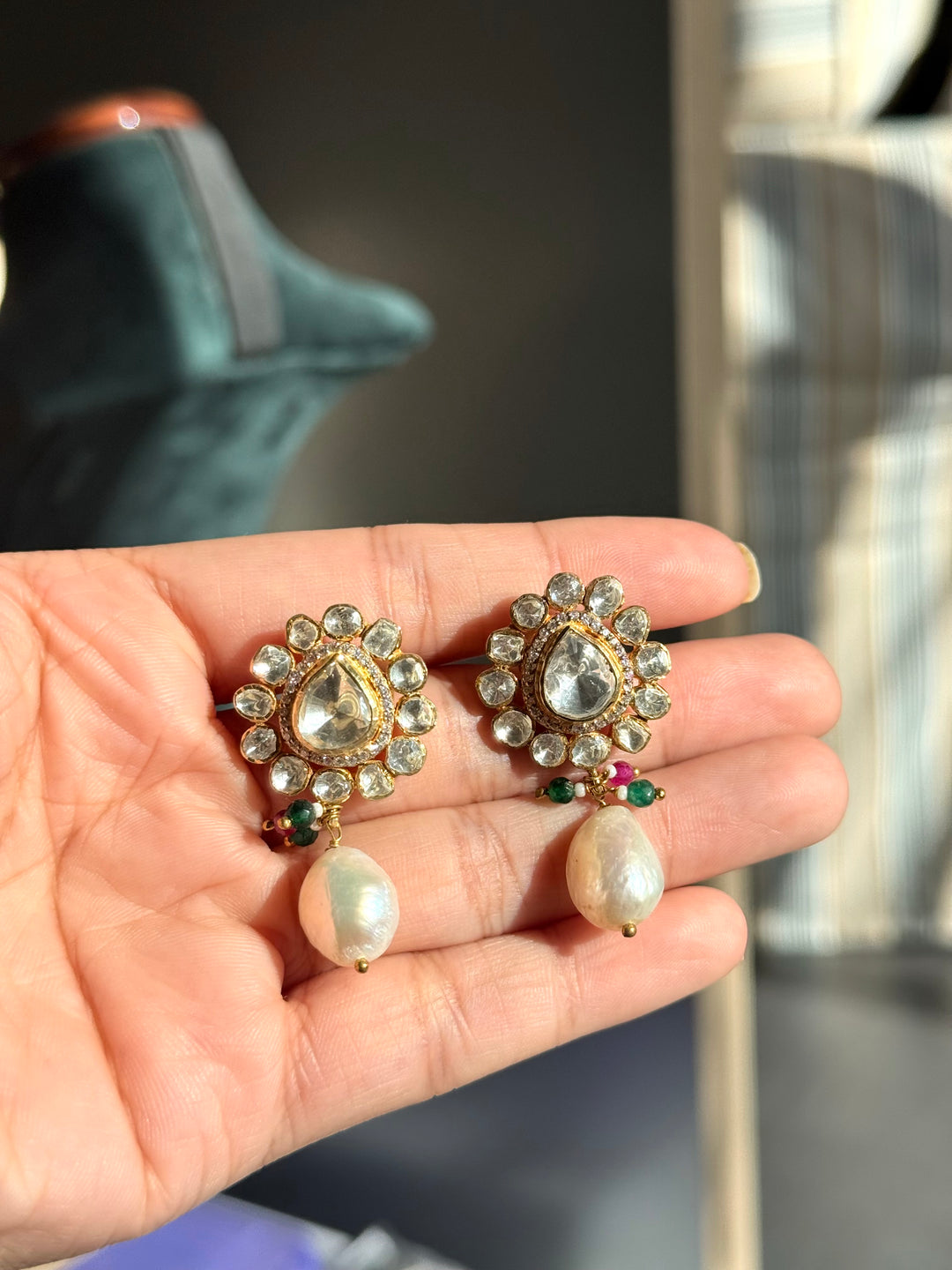 925 Silver Polki Kundan Earrings | SHIVKA | Gold Polish Festive Elegance