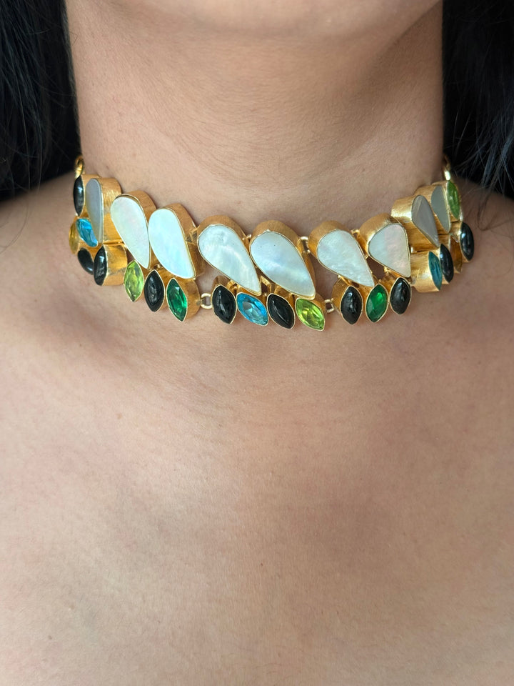 MOP and Quartz Choker – Gold Brass, Adjustable Necklace