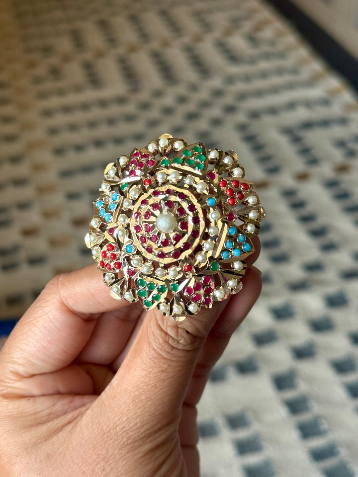 Statement Big Flower Jadau Ring | 18k Gold Plated | Copper & Semi-Precious Stones