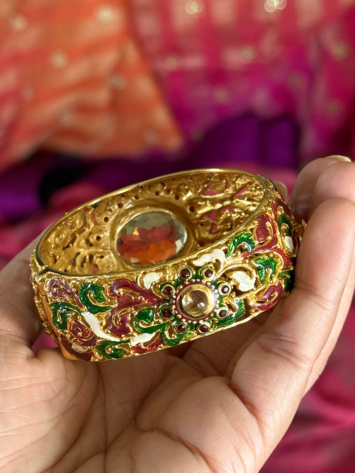 SHIVKA 925 Silver Meenakari Kada | Natural Topaz Stone | Gold Plated | Openable | 60g