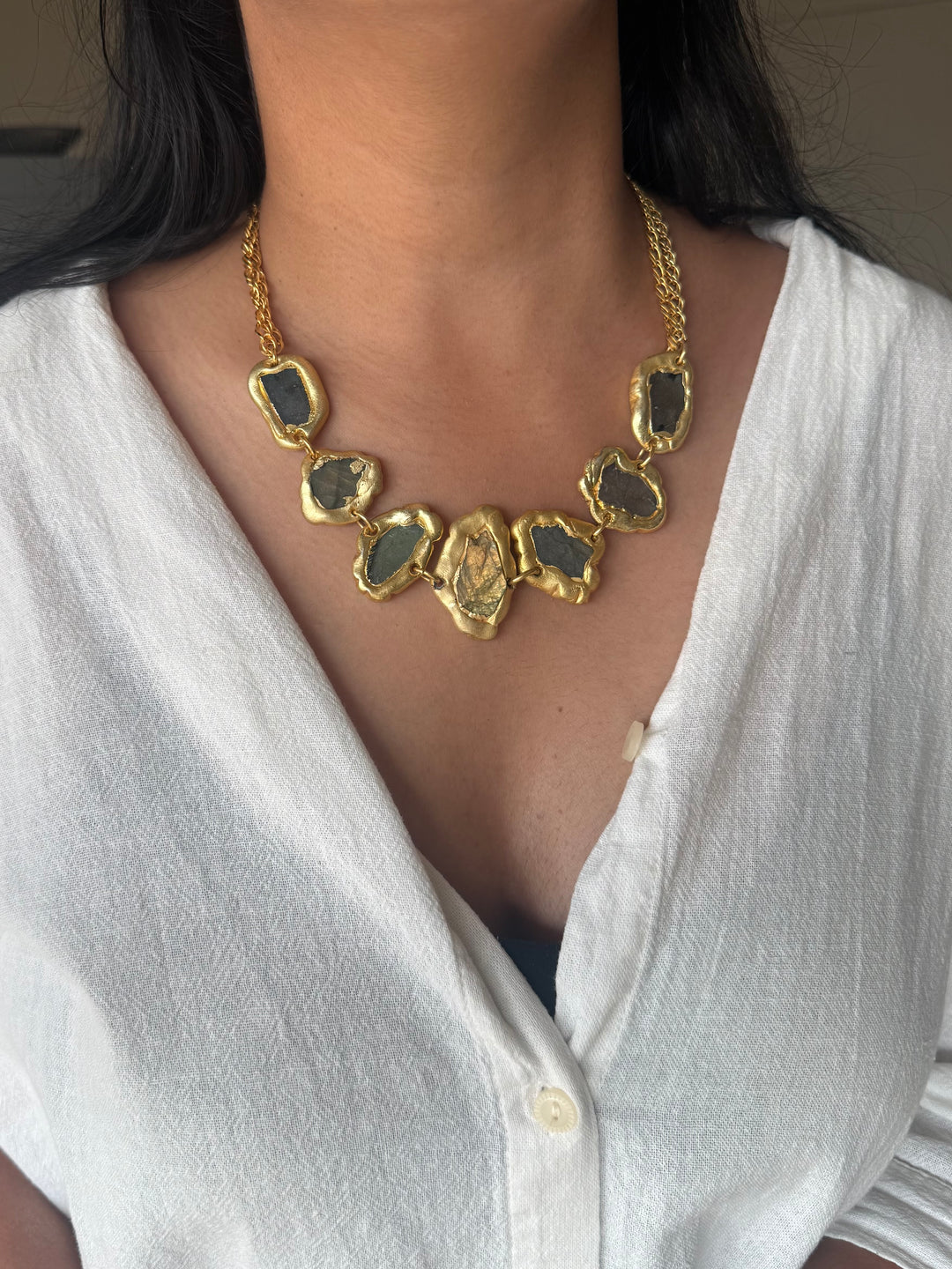 Handmade Raw Labradorite Gold Embedded Necklace | Adjustable Lobster Claw Brass Statement Jewelry