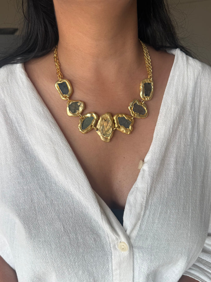 Handmade Raw Labradorite Gold Embedded Necklace | Adjustable Lobster Claw Brass Statement Jewelry