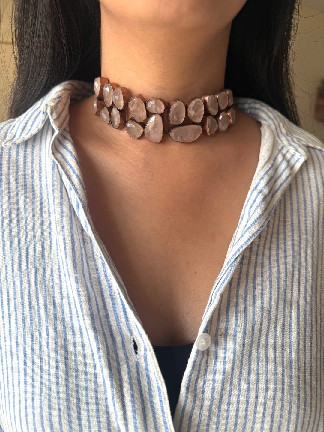 Handmade Rose Quartz Statement Choker | Copper Polish Brass Adjustable Toggle Necklace