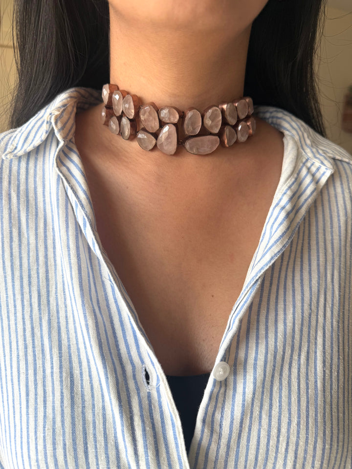 Handmade Rose Quartz Statement Choker | Copper Polish Brass Adjustable Toggle Necklace