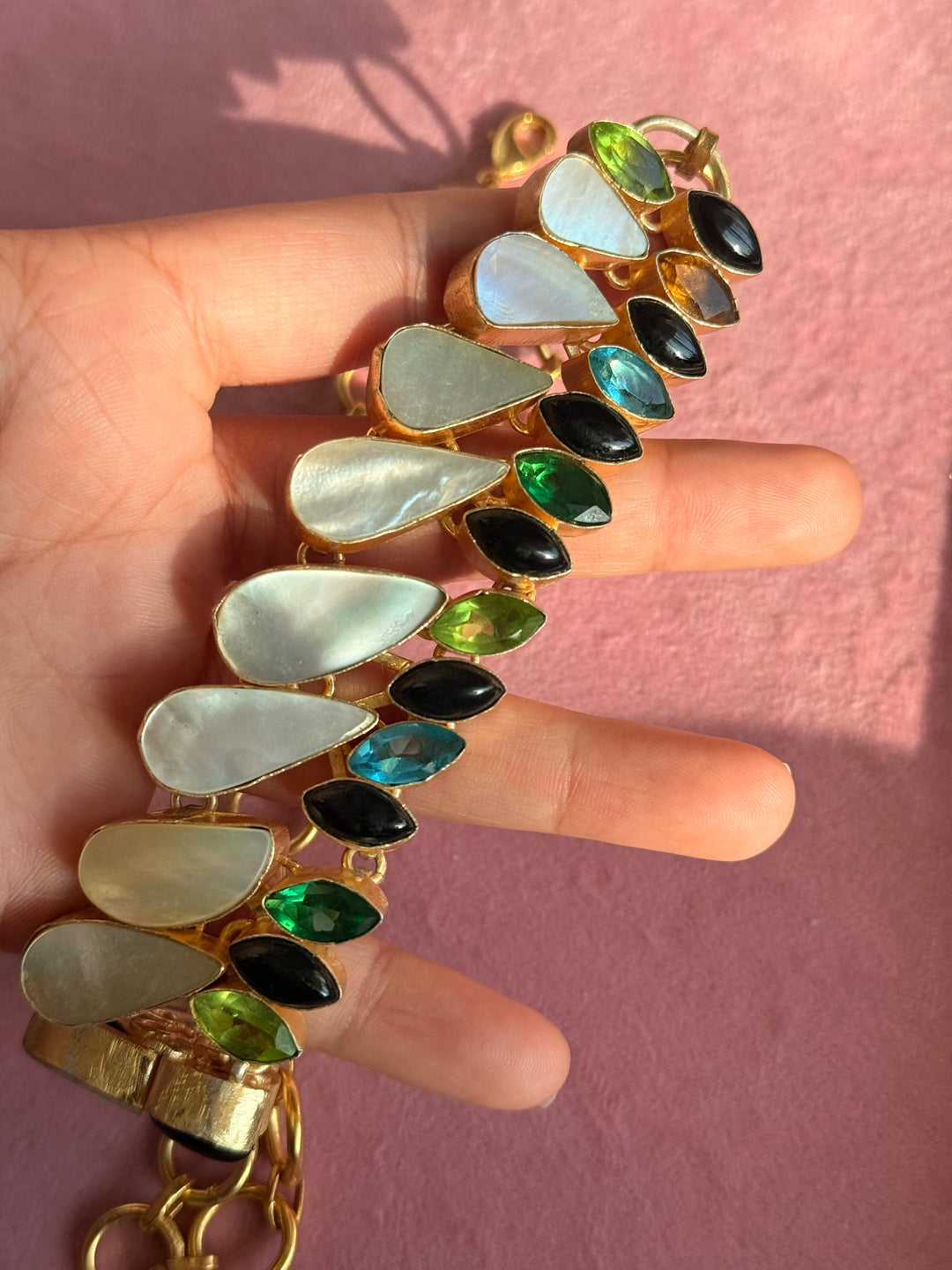 MOP and Quartz Choker – Gold Brass, Adjustable Necklace