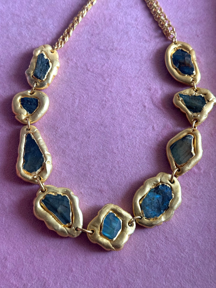 Handmade Raw Labradorite Gold Embedded Necklace | Adjustable Lobster Claw Brass Statement Jewelry