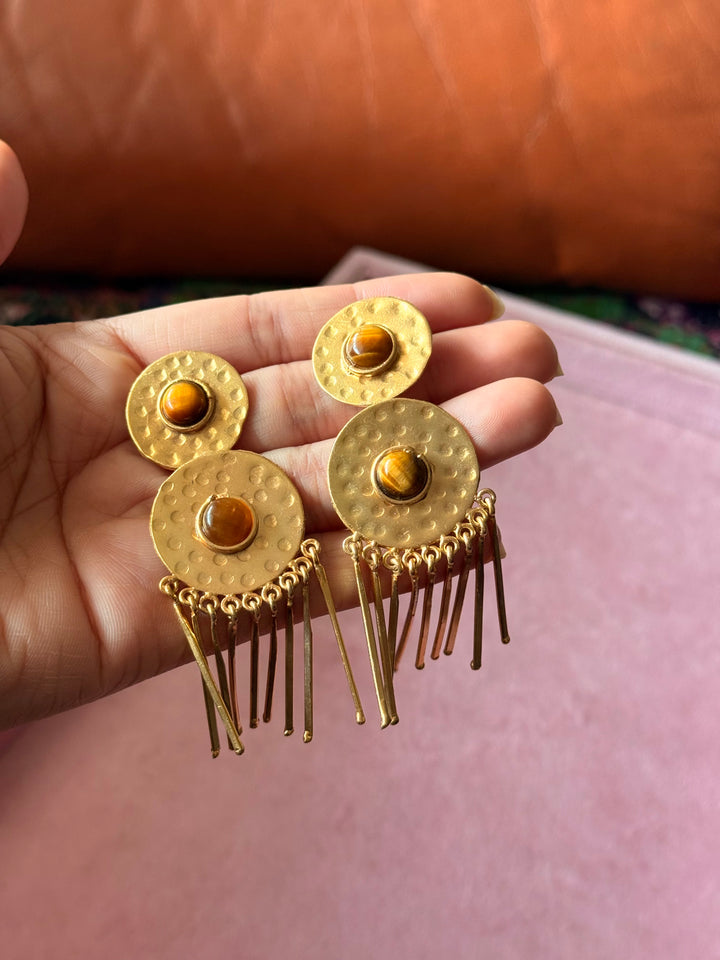 Handmade Brass Tiger Eye Statement Earrings | SHIVKA Jewelry