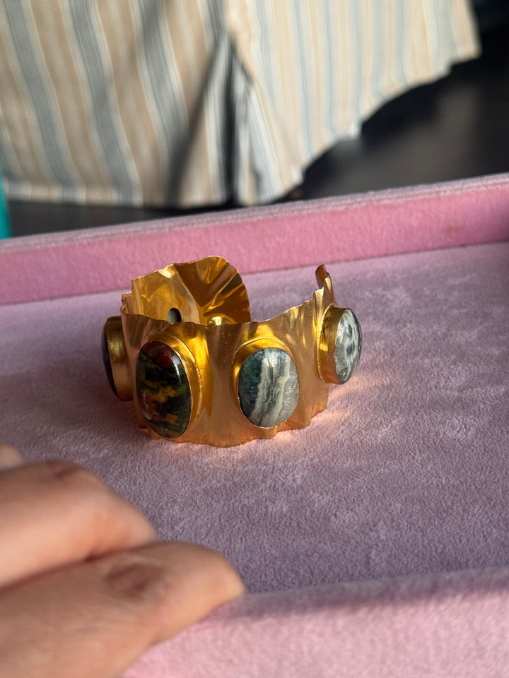 SHIVKA Designer Stone Brass Cuff | Adjustable Open Bracelet | Statement Festive Wear | 46g