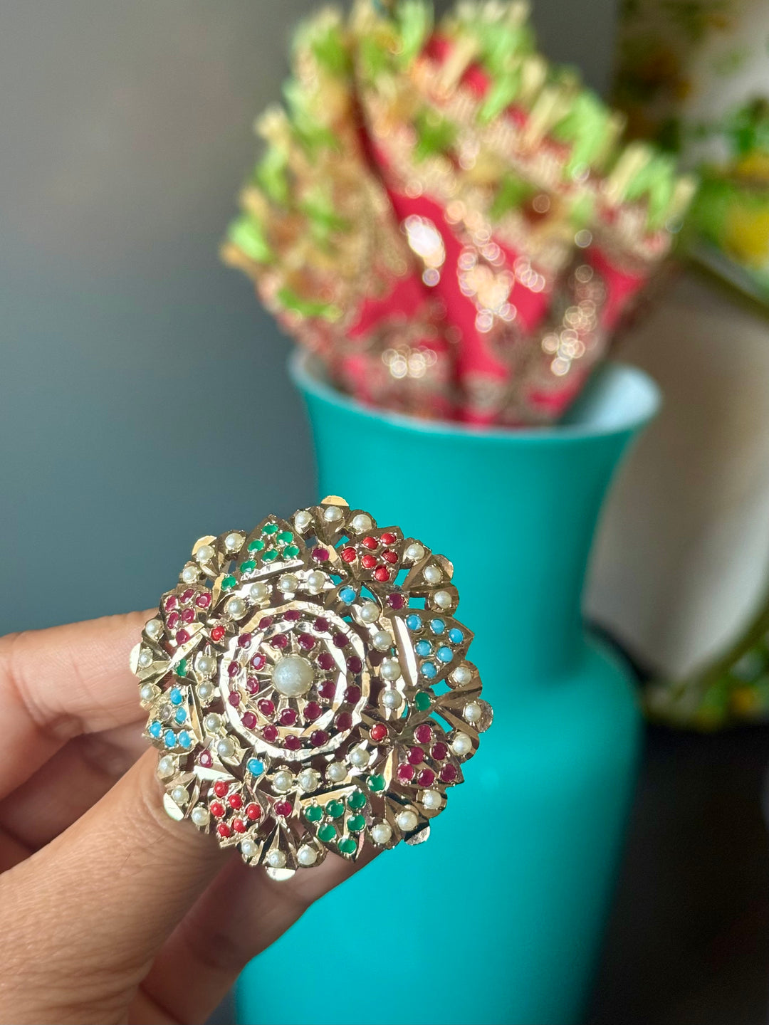 Statement Big Flower Jadau Ring | 18k Gold Plated | Copper & Semi-Precious Stones