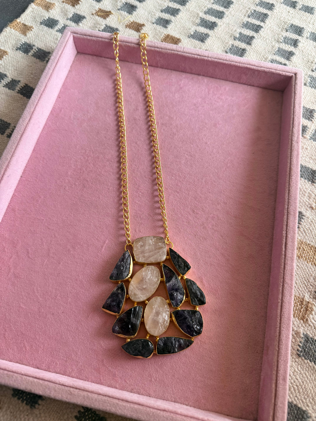 Handmade Amethyst and Rose Quartz Statement Necklace | Brass Adjustable Lobster Claw Jewelry