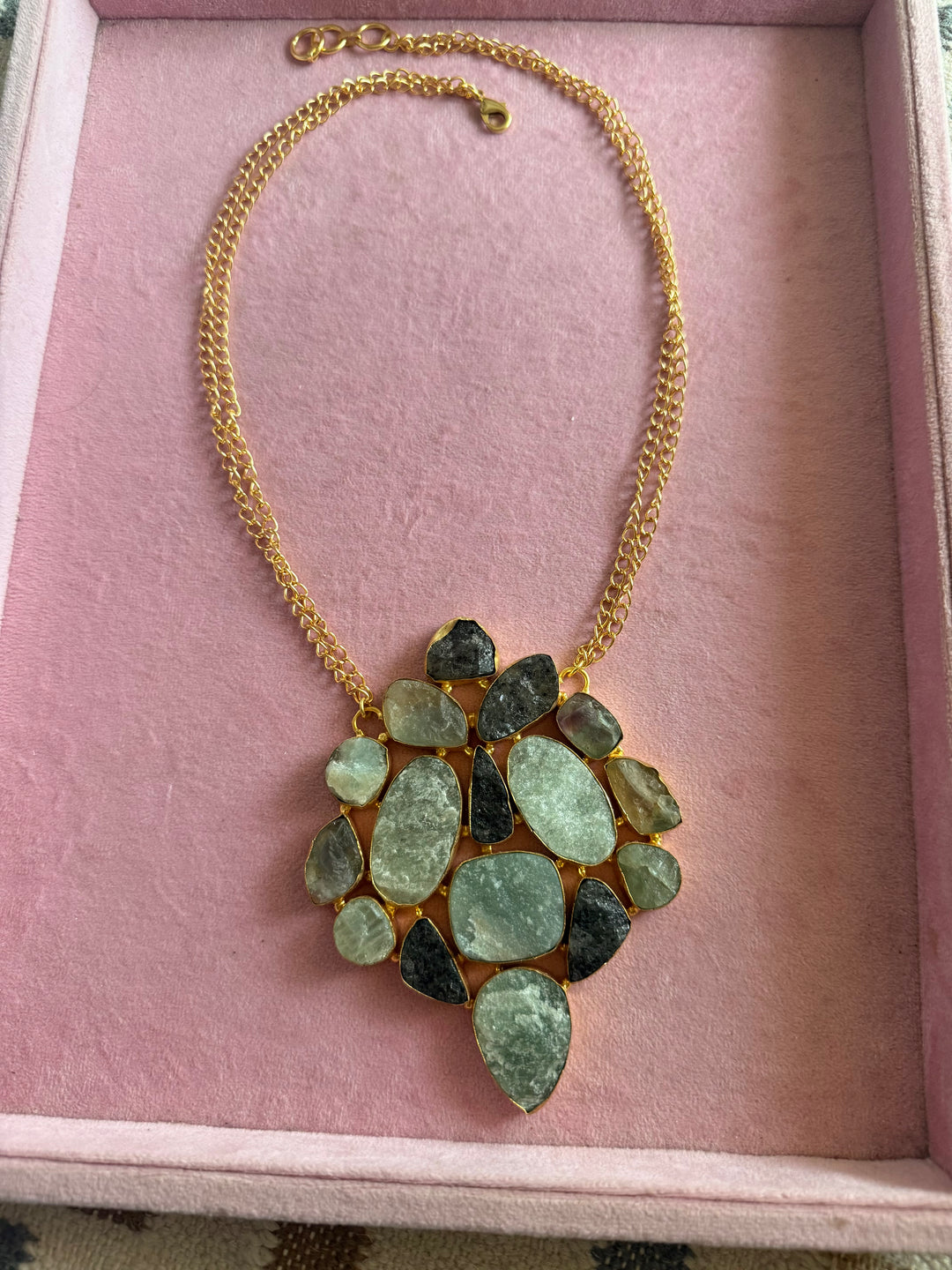 Handmade Natural Gemstones Statement Necklace | Brass Adjustable Lobster Claw Jewelry
