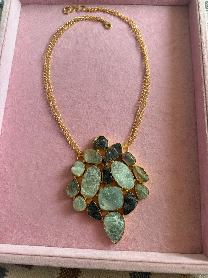 Handmade Natural Gemstones Statement Necklace | Brass Adjustable Lobster Claw Jewelry