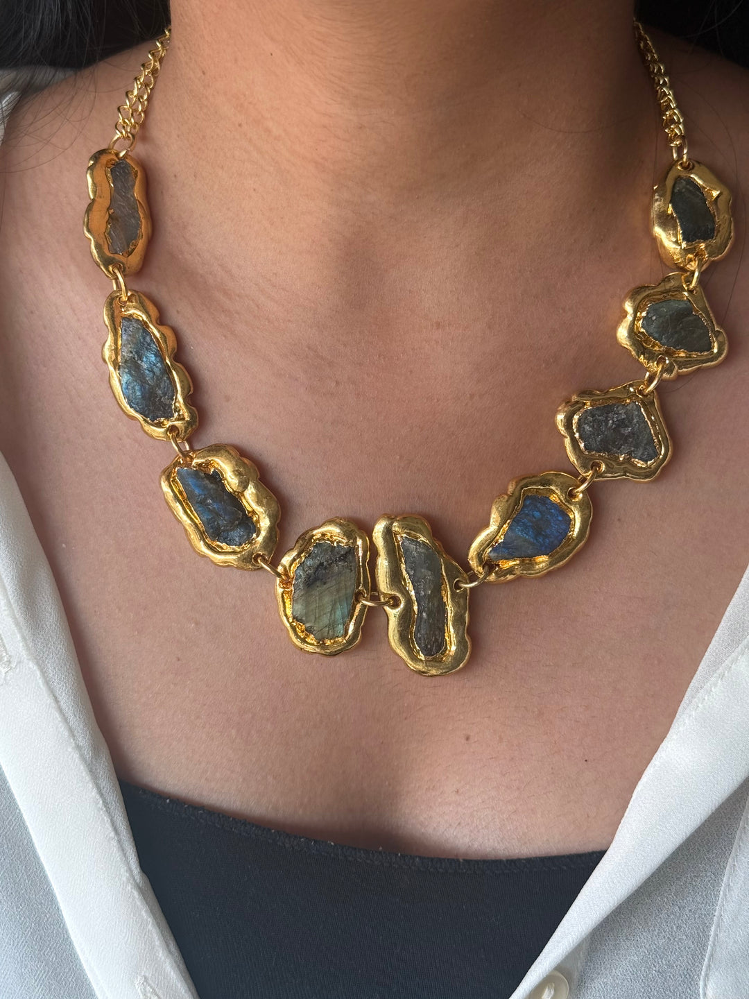 Handmade Raw Stone Gold Embedded Necklace | Adjustable Lobster Claw Brass Statement Jewelry