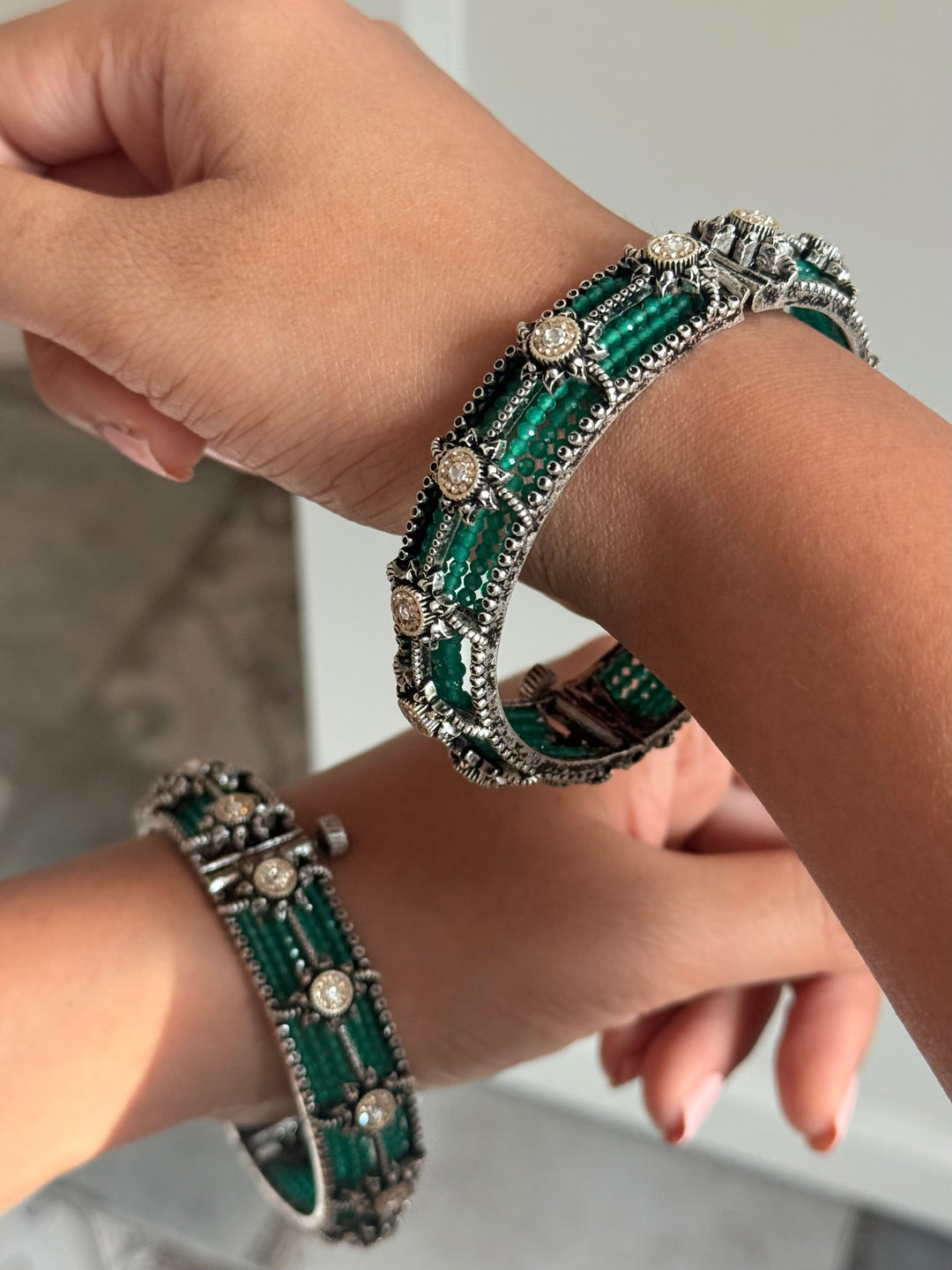 SHIVKA SAANJ 925 Silver Fusion Bangles | Set of 2 | CZ Stones | Artisan Crafted | 93g