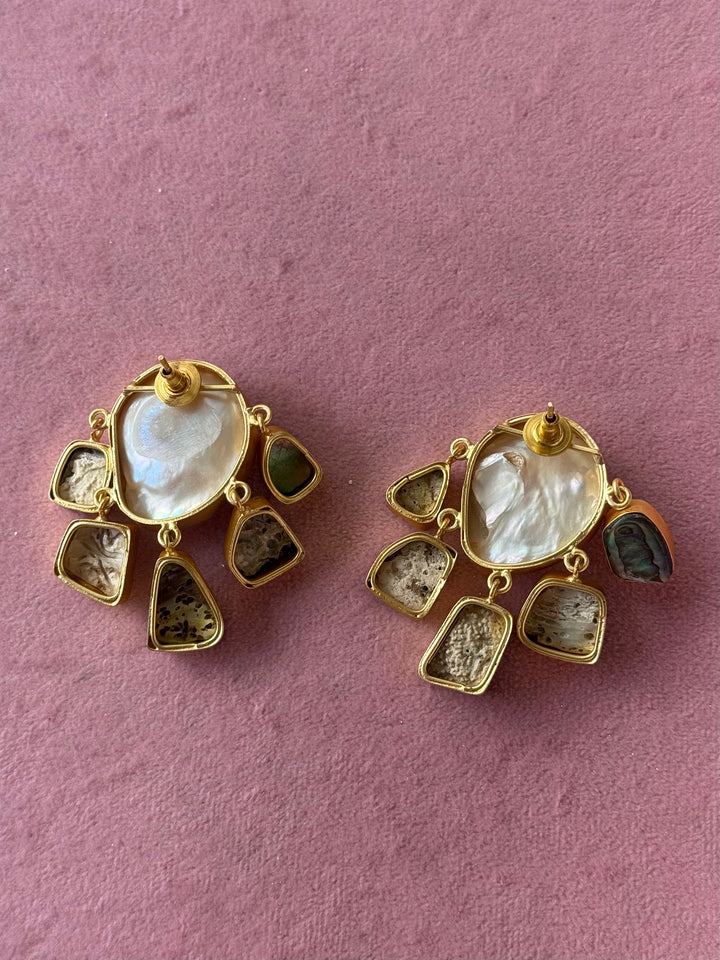 Handmade Brass Earrings with Abalone Shell & Baroque Pearls | Modern Gold Polish Statement Earrings by SHIVKA