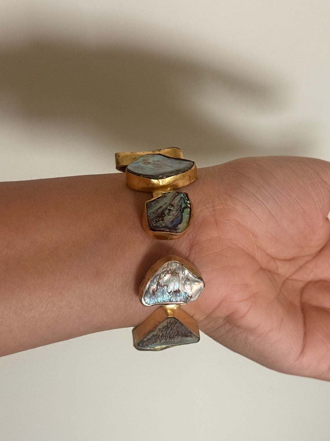 SHIVKA Designer Brass Abalone Cuff | Gold Polish | Natural Abalone Stones | Adjustable | 30g