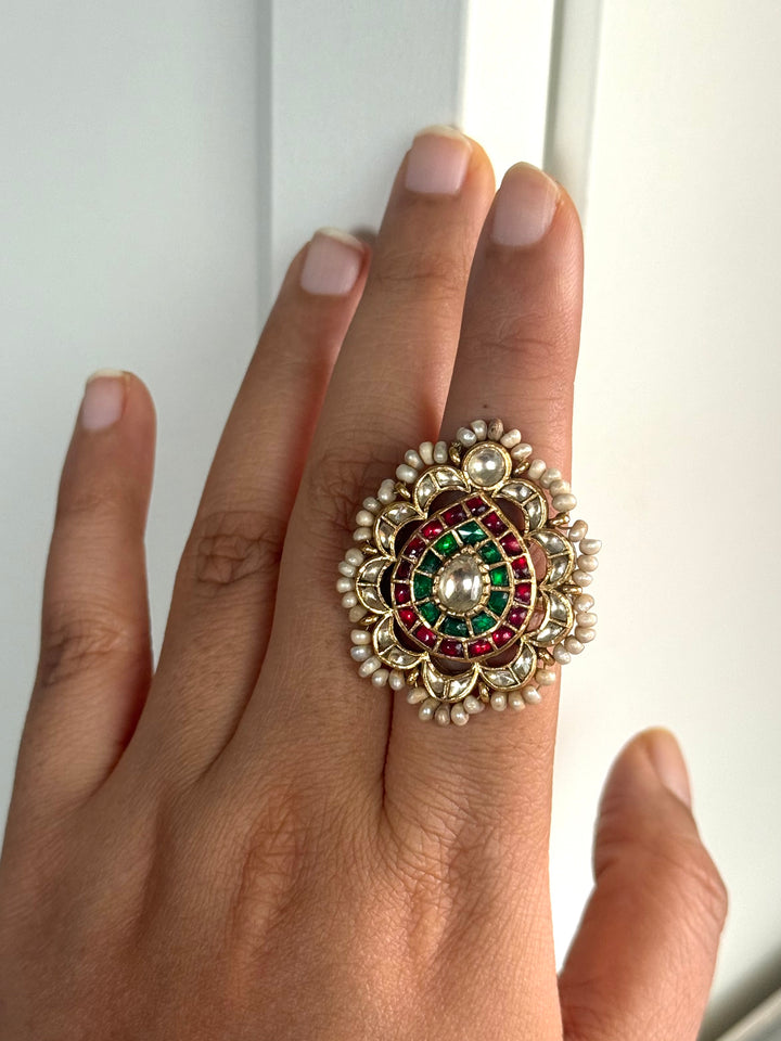 925 Silver Jadtar Gold Handmade Ring | Adjustable | SHIVKA