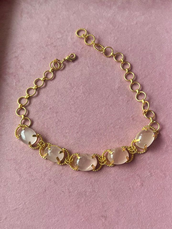 Rose Quartz Choker – Gold Brass, Adjustable Necklace