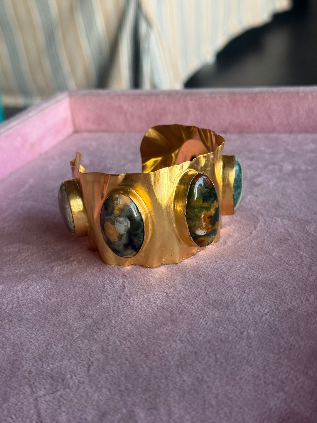 SHIVKA Designer Stone Brass Cuff | Adjustable Open Bracelet | Statement Festive Wear | 46g