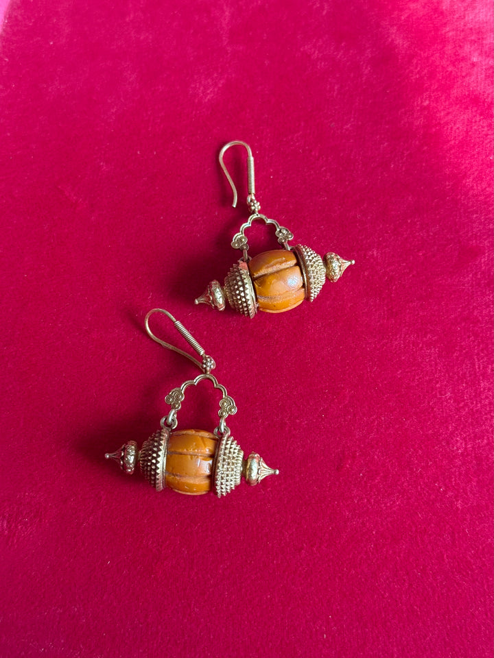 Handmade 925 Silver Dholki Carnelian Earrings | Antique Gold Polish Earwire Danglers