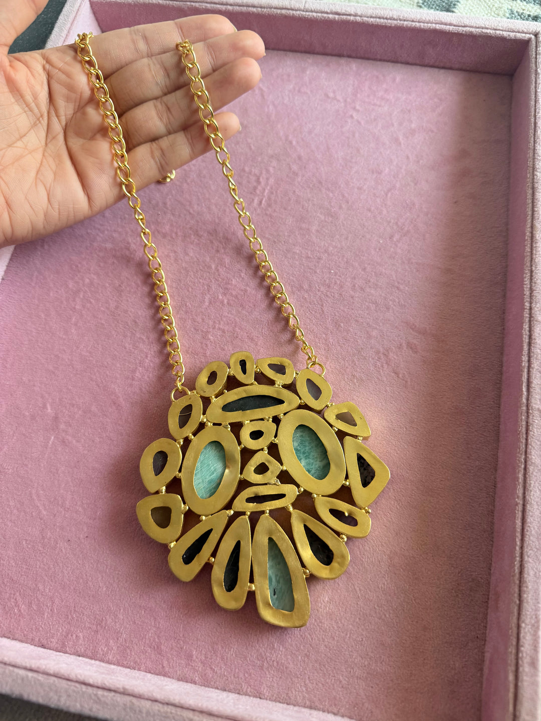 Handmade Natural Gemstones Statement Necklace | Brass Adjustable Lobster Claw Jewelry