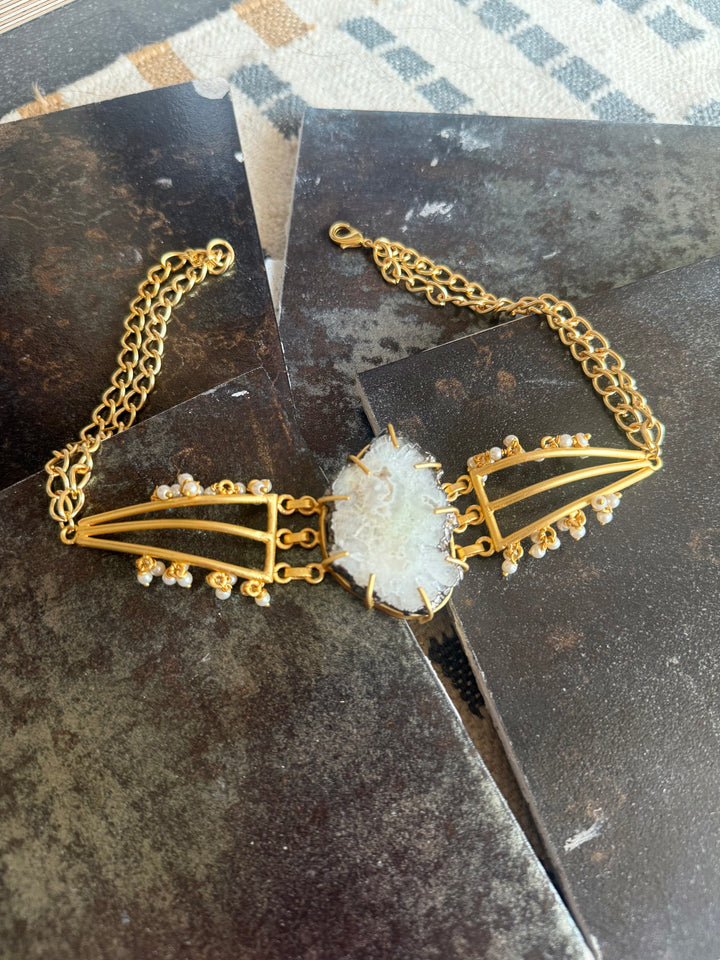 Handmade Bold Natural Quartz and Pearls Statement Choker | Brass Adjustable Lobster Claw Jewelry